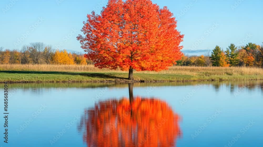 Poster a lone tree standing by the water's edge with its reflection visible on the surface