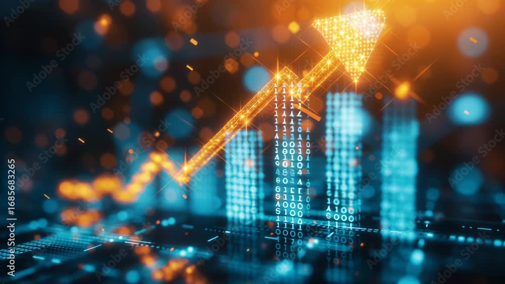 Poster bright arrow pointing upward with sparkling effect signifies financial growth against a backdrop of 