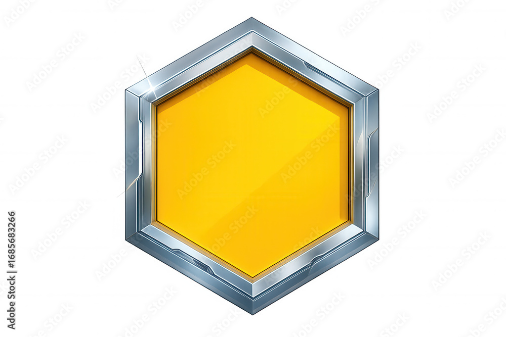 Poster yellow hexagon with silver bevel on transparent background, perfect for game ui or modern design pro