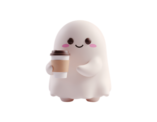 Cute ghost holding a coffee cup isolated on transparent background