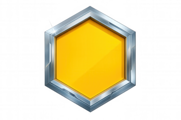 Yellow hexagon with silver bevel on transparent background, perfect for game ui or modern design projects
