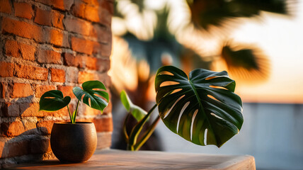 Poster of monstera liana in clay pot on terrace, warm sunset light, natural home space decor with plants