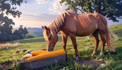 Horse eating corn at sunset