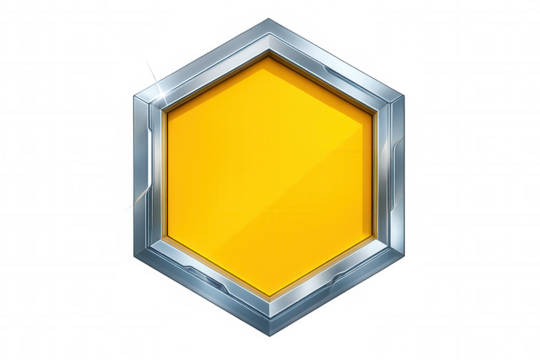 Yellow hexagon with silver bevel on transparent background, perfect for game ui or modern design projects