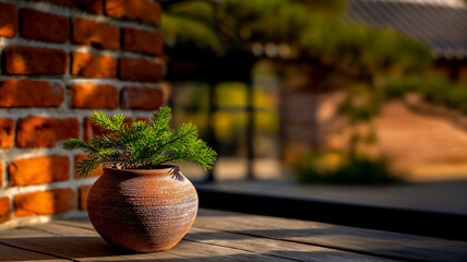 Small fir tree in clay pot on garden background, growing coniferous trees for Christmas decoration, copy space for tree and park care concept