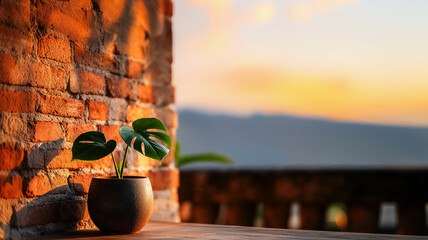 Small monstera in pot on terrace near brick wall, sunset view in mountains, copy space for interior design and tropical plants care