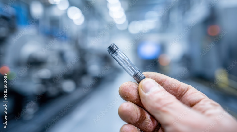 Poster focused silicone lubricant tube held by technician with blurred factory background emphasizing its d