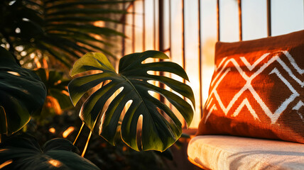 Winter garden with palm trees and lianas, bench with pillows near stained glass, concept of rest and relaxation spaces