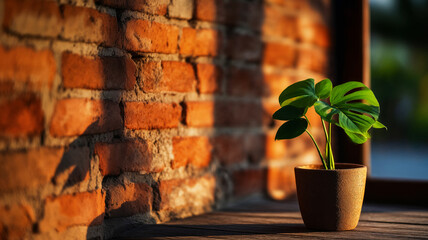 Growing tropical plants for home, young giant monstera in pot against brick wall, warm sunset sunlight, copy space for plant care concept
