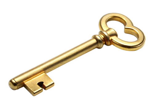 A vintage golden skeleton key isolated on transparent background