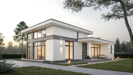 Modern Architectural Residence with Minimalist Design and Lush Landscaping for Serene Living Experience, Exterior View.