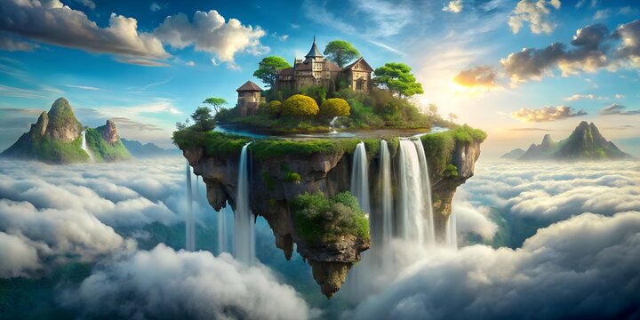 A fantastical floating island with a medieval castle, lush greenery, and cascading waterfalls, set against a breathtaking sky with fluffy clouds and distant mountains