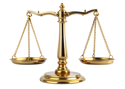 A golden justice scale isolated on transparent background