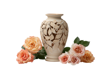 Cream-colored vase with carved leaf design, surrounded by peach and blush roses