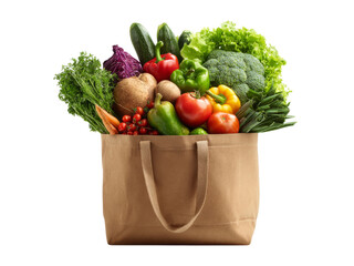 Fresh organic produce grocery shopping bag full of vegetables, Isolated On white, Png Transparent
