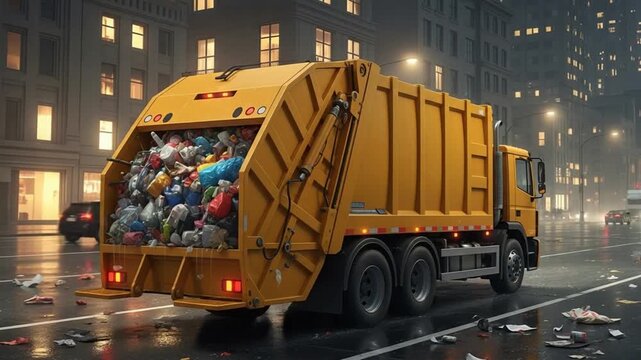 A yellow garbage truck filled with trash on a wet city street at night with buildings in the background