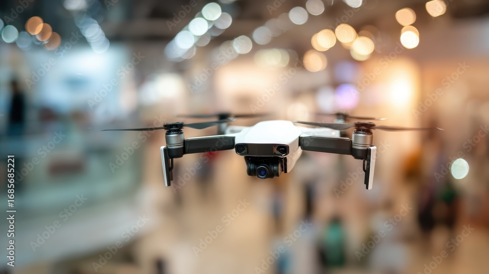 Poster medium shot of a consumer drone on display with soft blurred background highlighting sleek design an