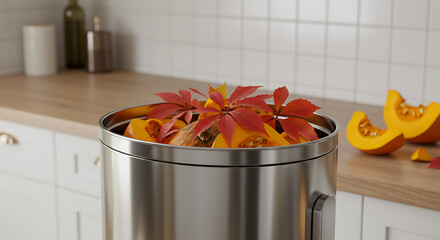 A Metal Bin Filled with Sliced Pumpkins and Autumn Leaves on a Countertop