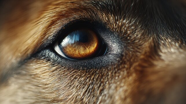 Close-up of a dog's eye revealing intense emotions and rich colors in natural light