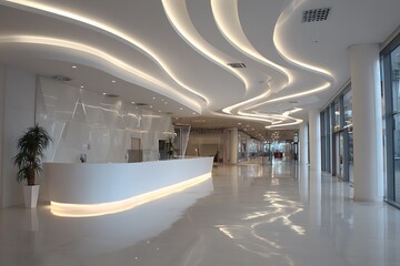 Stunning modern office reception area with futuristic wave ceiling design and glowing accent lighting, creating a welcoming and professional atmosphere for clients and employees alike
