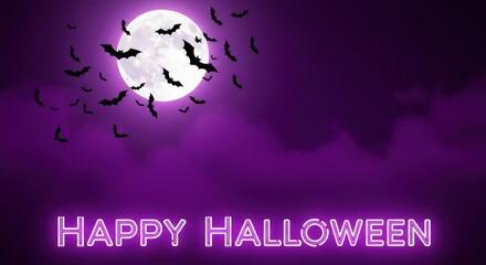 Obraz premium Spooky bats swarm a full moon under a purple sky with neon 