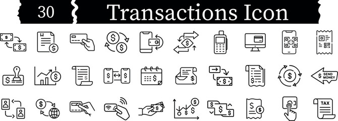 Collection of 30 hand drawn icons representing various financial transactions and business concepts isolated on transparent background