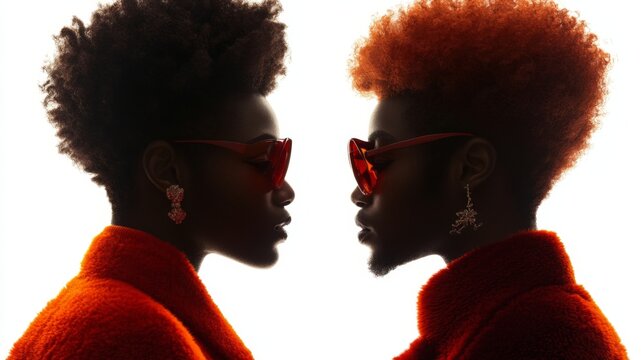 Two people wearing red coats and sunglasses. One is wearing a red shirt and the other is wearing a red jacket