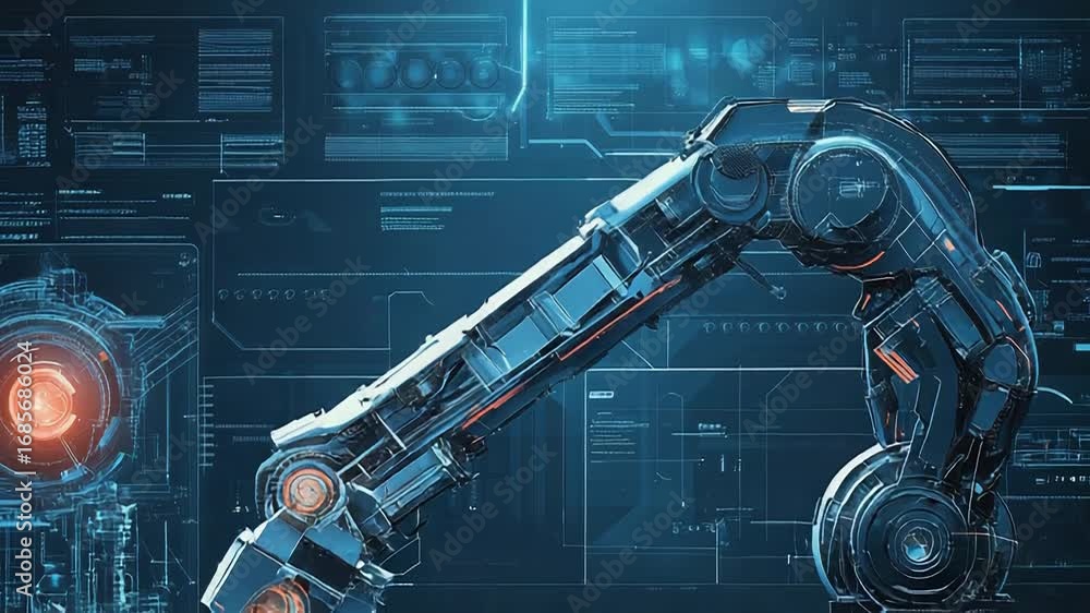 Poster robotic arm performing task in futuristic technological environment