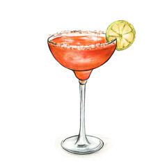 Watercolor Illustration of Aperol Margarita Cocktail with Lime and Salt