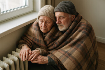 Elderly couple wrapped in a blanket holding onto vintage radiator, concept of cold winter, heating, energy crisis, frozen seniors.