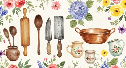 Vintage kitchen utensils and floral background