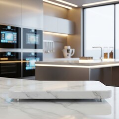 Modern Kitchen Interior with Marble Countertop and Built-in Appliances, Product Display Background.