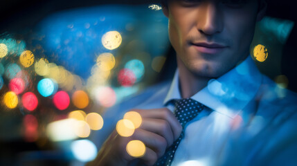 Nervous man adjusting tie in car reflection before blind date