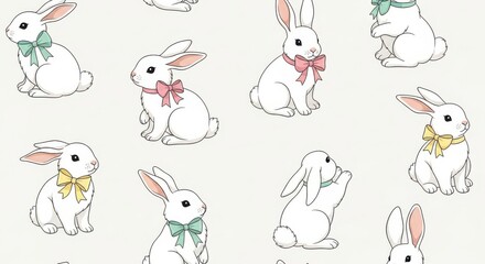 Elegant Easter: A Seamless Pattern of Whimsical Bunnies with Pastel Bows Design