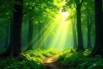 Obraz premium Lush green forest scene, dappled sunlight filtering through leaves, creating a magical atmosphere Perfect for nature, ecology, and environmental themes , ecosystem, tranquility, forest
