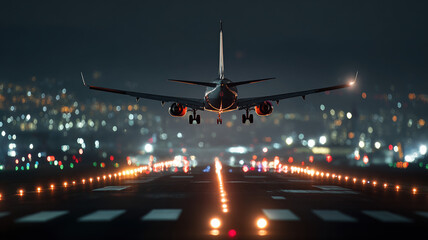 Passenger jet aircraft final landing approach on illuminated airport runway during twilight evening hours