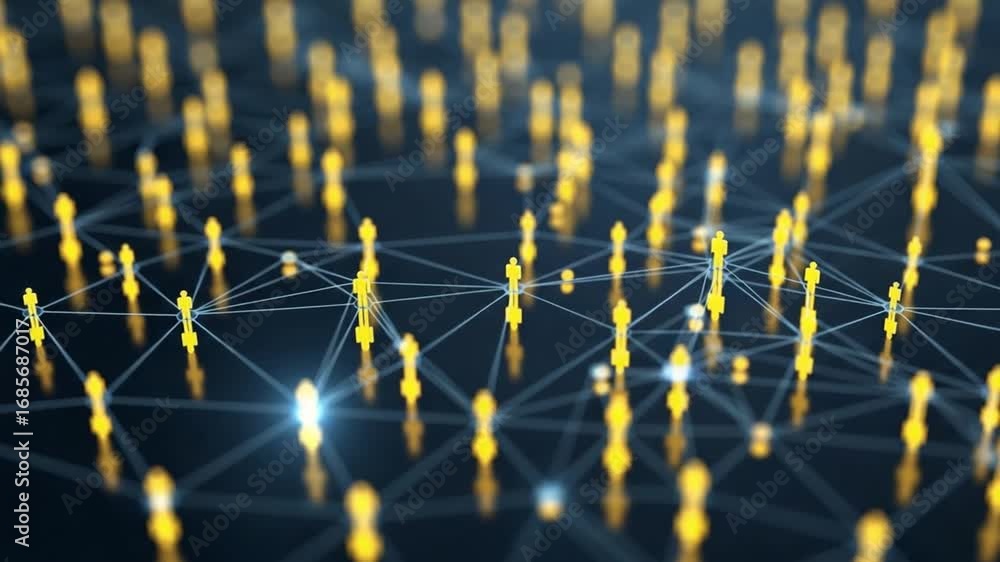Poster network of yellow figures connected by lines on a dark background with bokeh effect in the distance