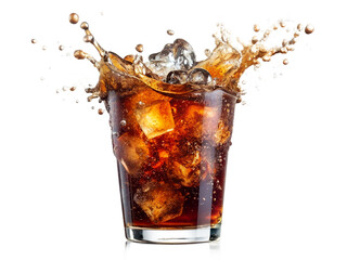 A refreshing glass of cola with ice cubes and a splash, isolated on transparent background