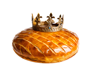 galette des rois avec une couronne dorée posée dessus - tradition Française - fond transparent