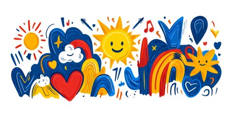 Obraz premium Sun, rainbow, hearts, clouds, and various abstract shapes create a vibrant and cheerful summer scene