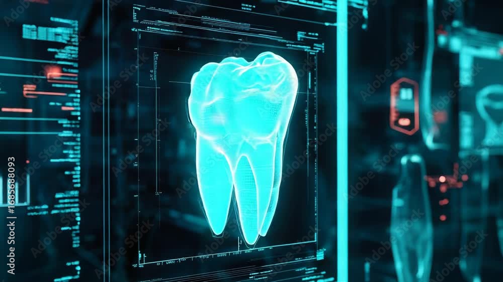 Poster futuristic software analyzing tooth using holographic display and data analysis
