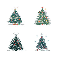 Christmas tree vector illustration set with snow, stars, and green pine design on a white background for holiday winter decoration