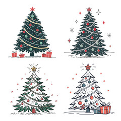 Winter holiday decorations set with green Christmas trees, snow, and stars