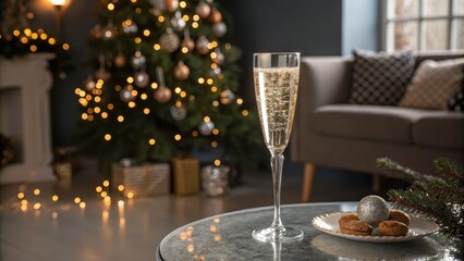 Champagne Flute with Christmas Decor, Bokeh Lights, Cozy Living Room, Festive Treats, Christmas, New Year Christmas, Holiday