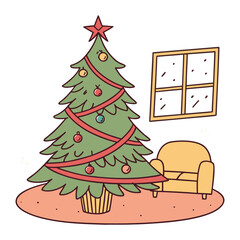 A green Christmas tree decorated with ornaments, gifts, and a star, celebrating the new winter season