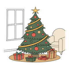 Vector illustration of a decorated Christmas tree with gifts and stars on a winter background