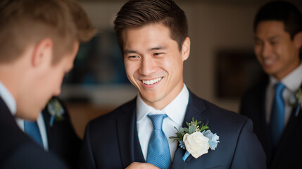 Groom Playfully Teased by Groomsmen During Wedding Preparation