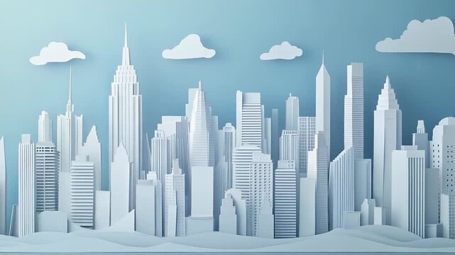 White paper cityscape rising above the water with clouds