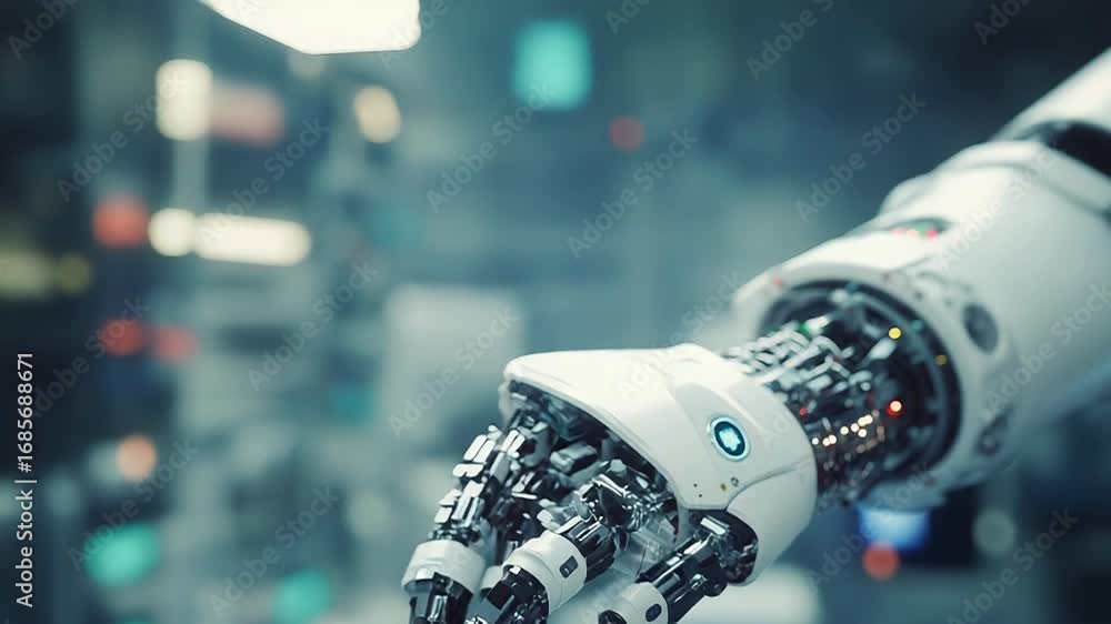 Poster robotic arm performing a delicate operation in advanced laboratory