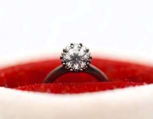 Close-up of diamond ring in red velvet box